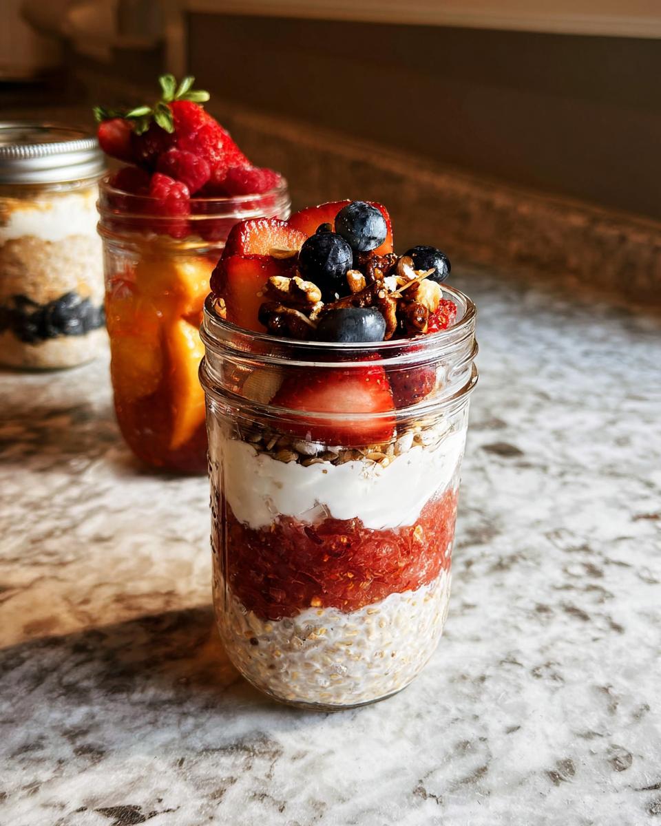 Overnight oats in a mason jar, layered with yogurt, strawberry puree, and topped with fresh berries and granola. Part of healthy meals recipes.