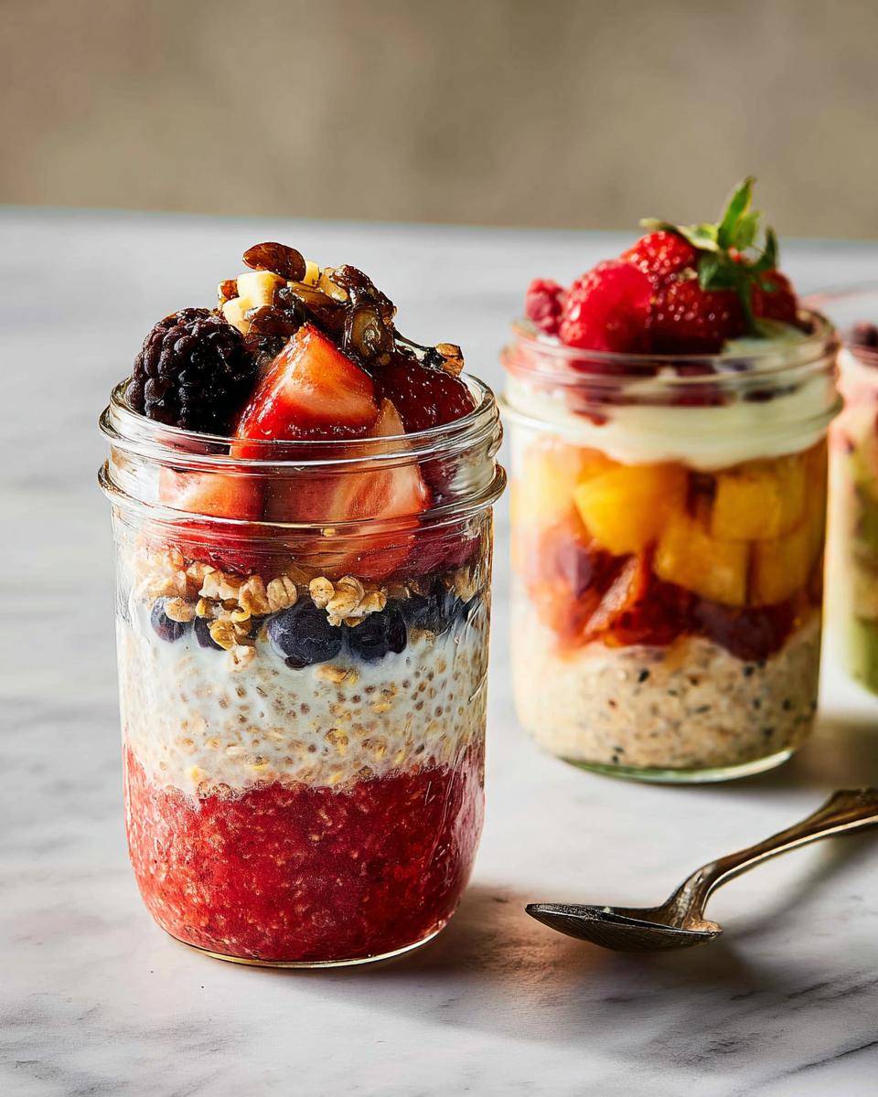 Close-up of overnight oats in a mason jar, layered with berries, granola, and chia seeds, showcasing healthy meals recipes.