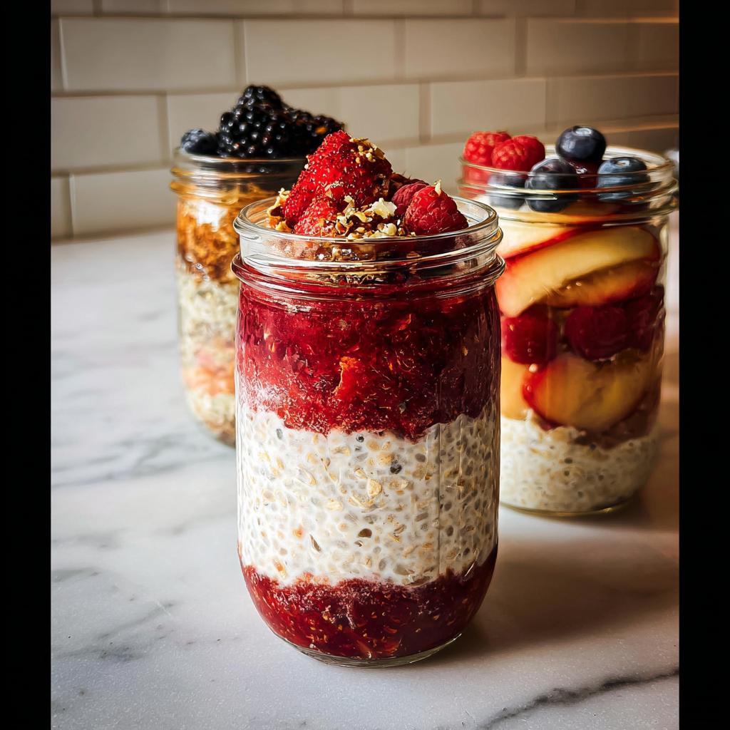 Three jars filled with overnight oats, featuring layers of fruit like berries and peaches, perfect for healthy meals recipes.
