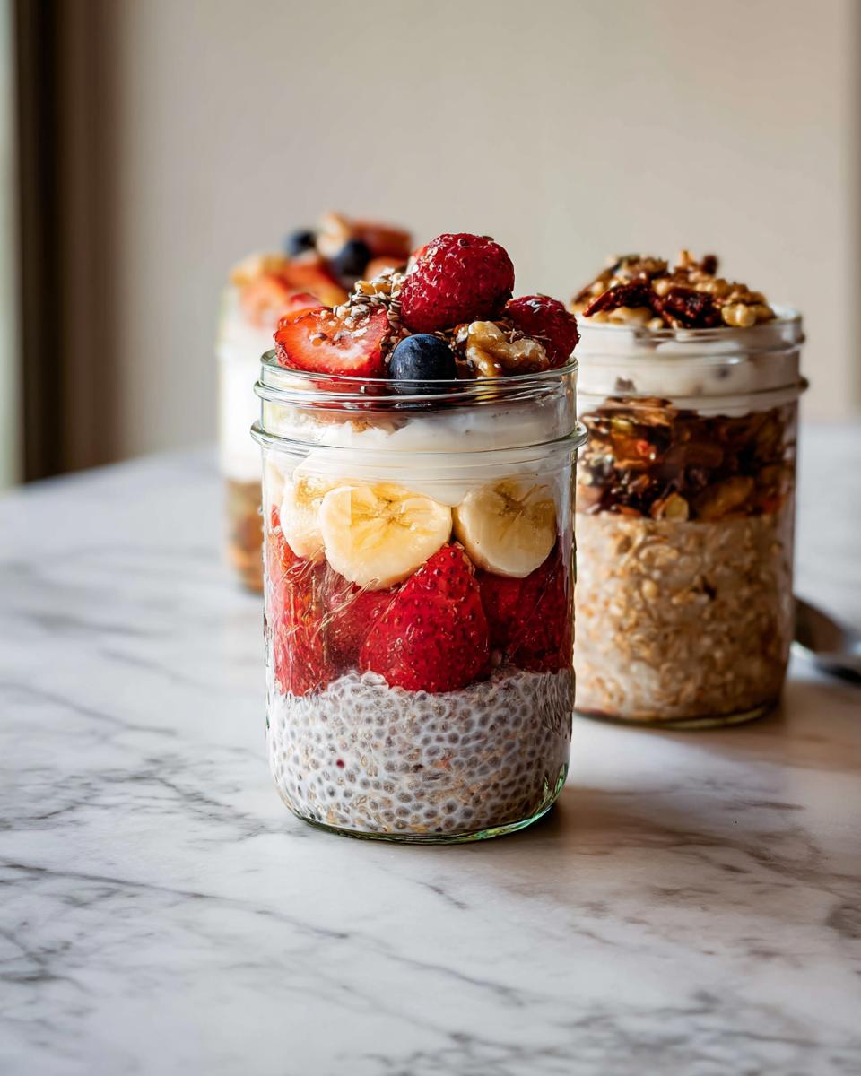 Overnight oats in jars layered with chia seeds, strawberries, bananas, and topped with berries and nuts. Part of Healthy Meals Recipes.