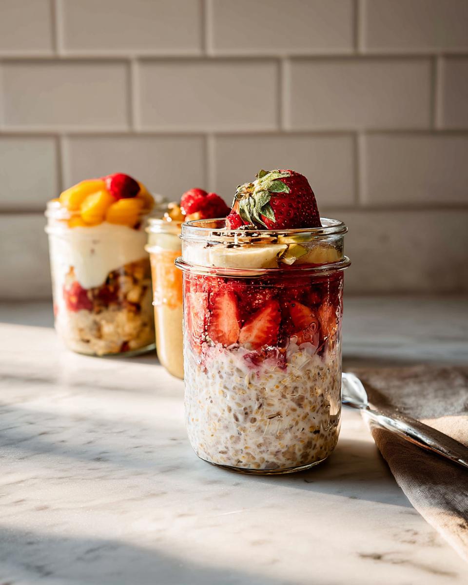Three jars of overnight oats with fruit, showcasing healthy meals recipes and make-ahead tips.