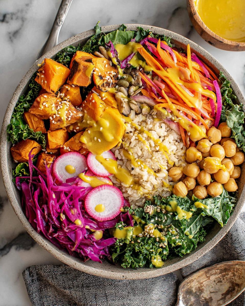 A vibrant and healthy rice bowl recipe filled with roasted sweet potatoes, brown rice, chickpeas, kale, and shredded vegetables.