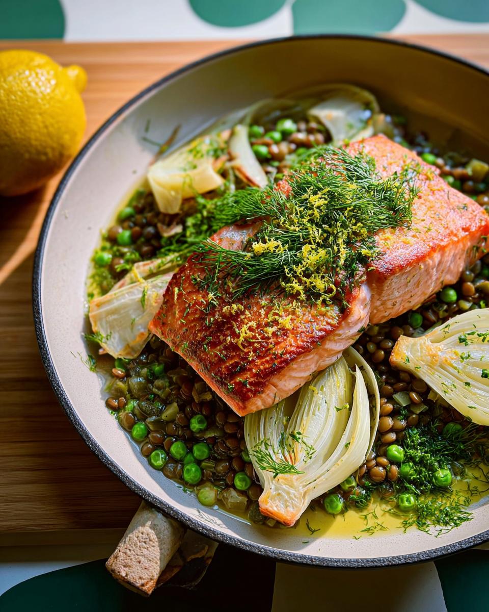 A pan-seared salmon fillet served over a bed of lentils, peas, and fennel, garnished with fresh dill and lemon zest.