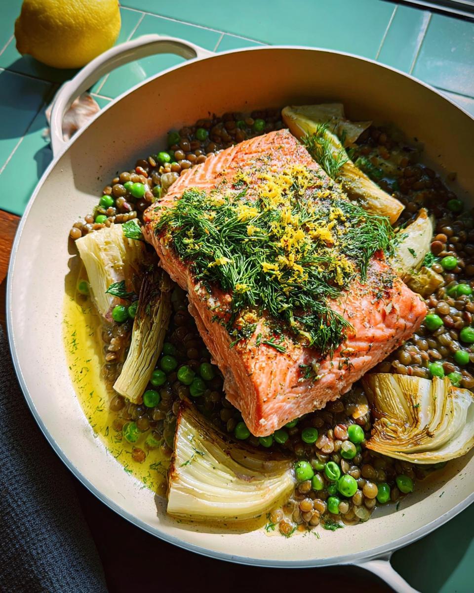 A beautiful dish of baked salmon served over lentils, peas, and fennel, garnished with fresh dill and lemon zest.