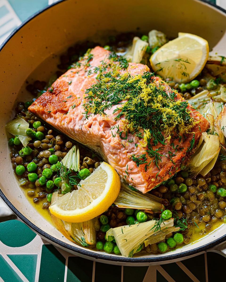 A healthy meal of baked salmon fillet served over lentils, peas, and fennel, garnished with lemon and dill.