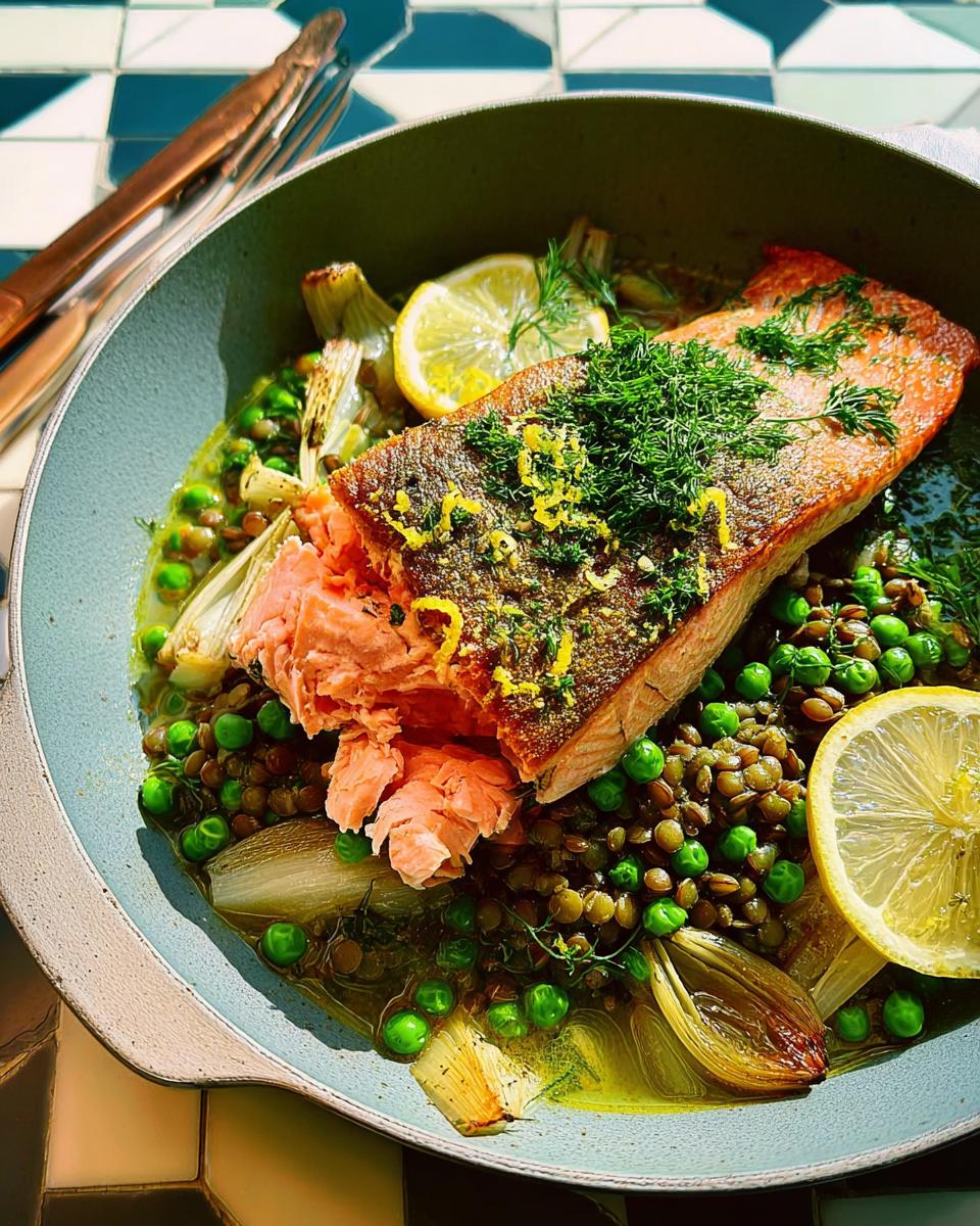 A healthy meal featuring a pan-seared salmon fillet served over lentils, peas, and roasted fennel, garnished with lemon and dill.