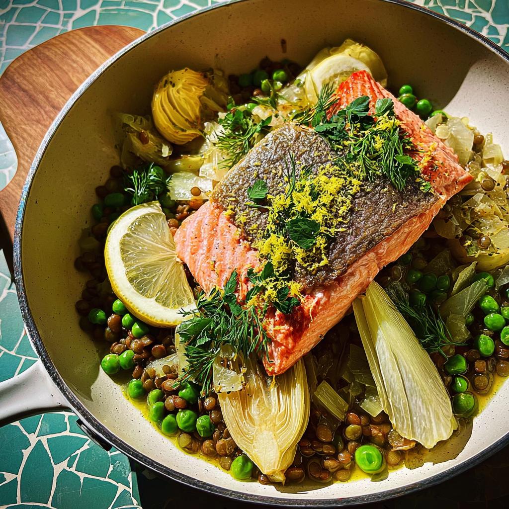 A healthy salmon fillet served over lentils with peas, fennel, and lemon, a perfect dish for beginner healthy meals recipes.