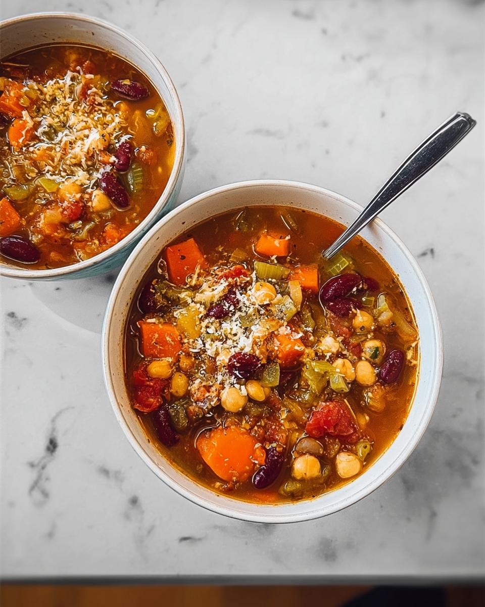 Two bowls of hearty vegetable soup recipes, filled with beans, carrots, celery, and chickpeas, topped with grated cheese.