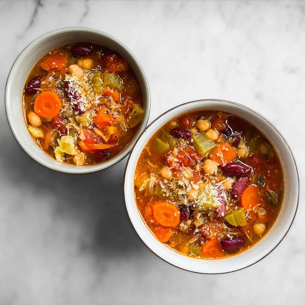 Two bowls of hearty vegetable soup recipes filled with carrots, beans, chickpeas, and celery, topped with grated cheese.
