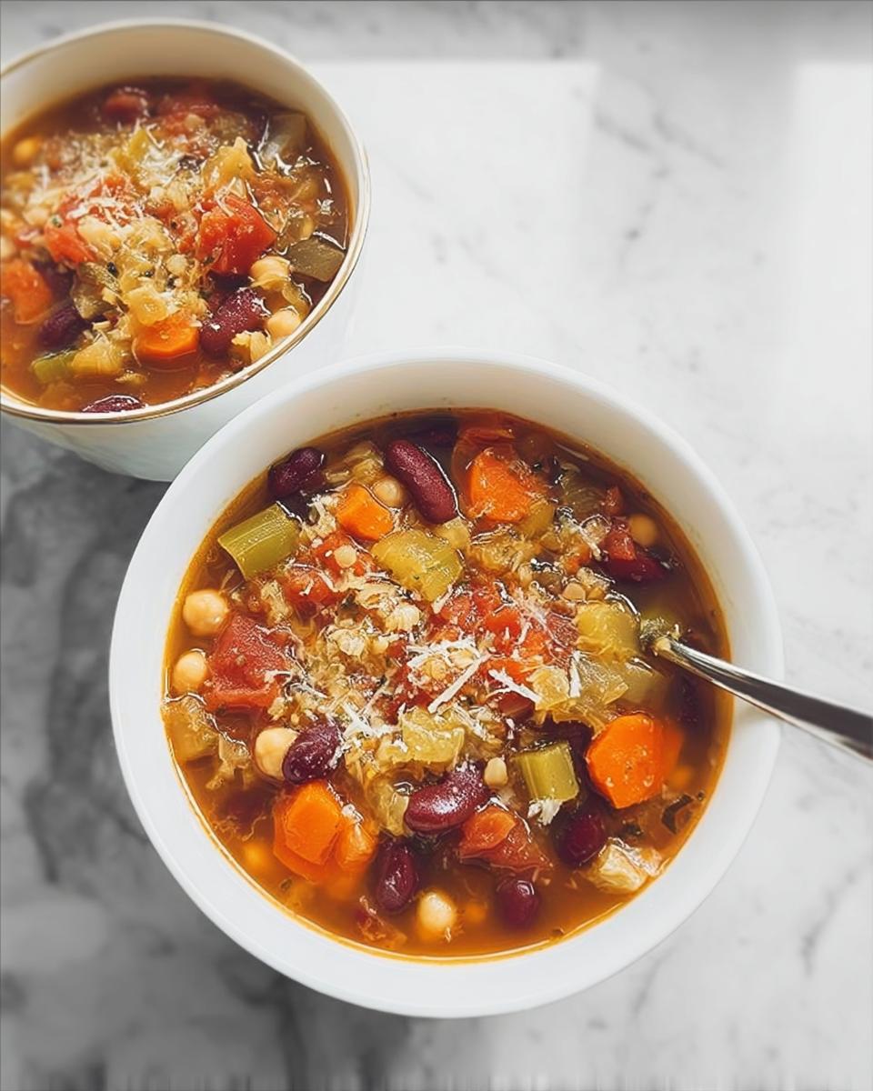 Two bowls of hearty vegetable soup recipes, filled with beans, carrots, celery, and tomatoes, topped with grated cheese.
