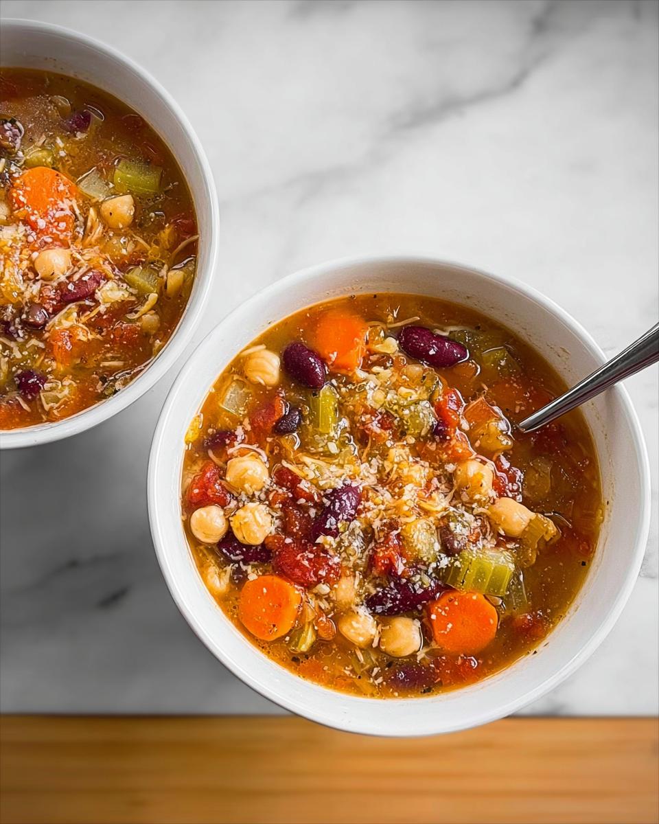 Two bowls of hearty vegetable soup recipes, filled with beans, carrots, celery, and topped with cheese.