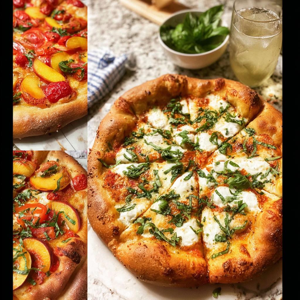 A collage of homemade pizzas, including a classic Margherita and a unique peach and tomato pizza, perfect for pizza night recipes.