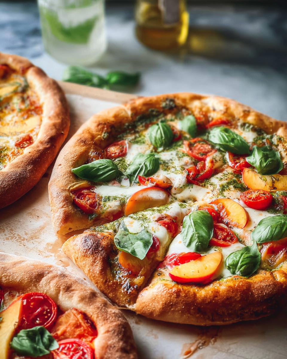 Close-up of a freshly baked pizza with fresh basil, cherry tomatoes, and mozzarella cheese, perfect for pizza night recipes.