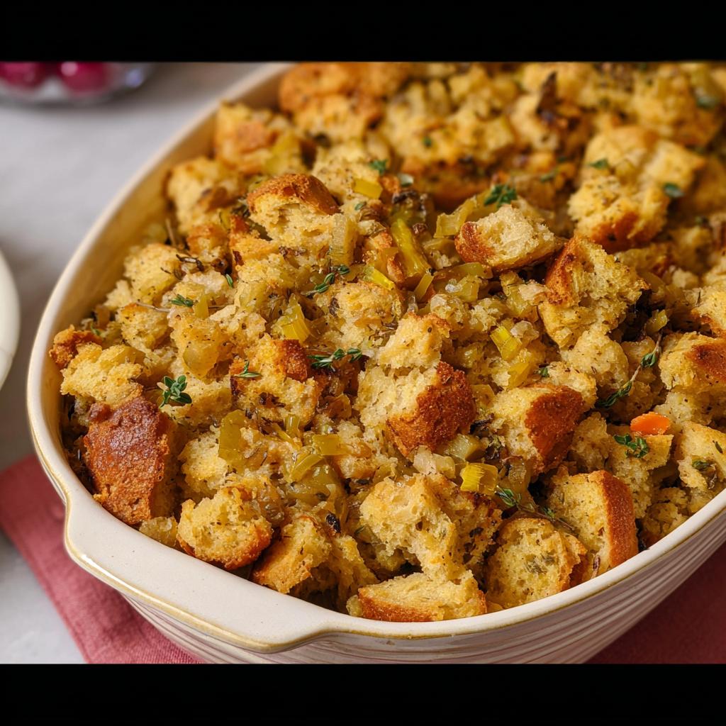 Close-up of a baking dish filled with golden brown homemade stuffing, featuring bread cubes, herbs, and vegetables.