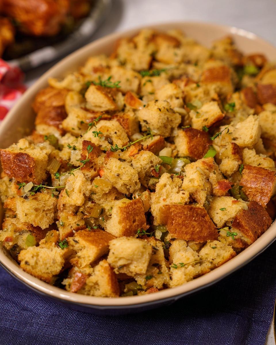 A close-up of a golden brown, homemade stuffing recipe in a baking dish, garnished with fresh herbs.