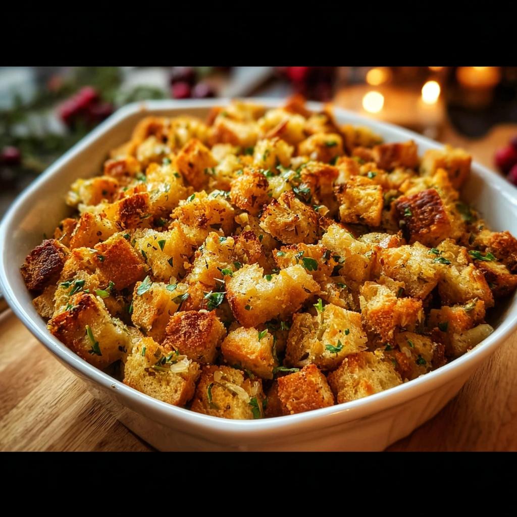 Close-up of a white baking dish filled with golden-brown homemade stuffing, garnished with fresh parsley.
