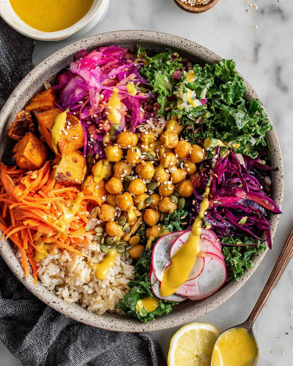 A vibrant and healthy rice bowl recipe featuring brown rice, roasted sweet potatoes, chickpeas, shredded carrots, red cabbage, kale, and radishes, drizzled with a yellow dressing.
