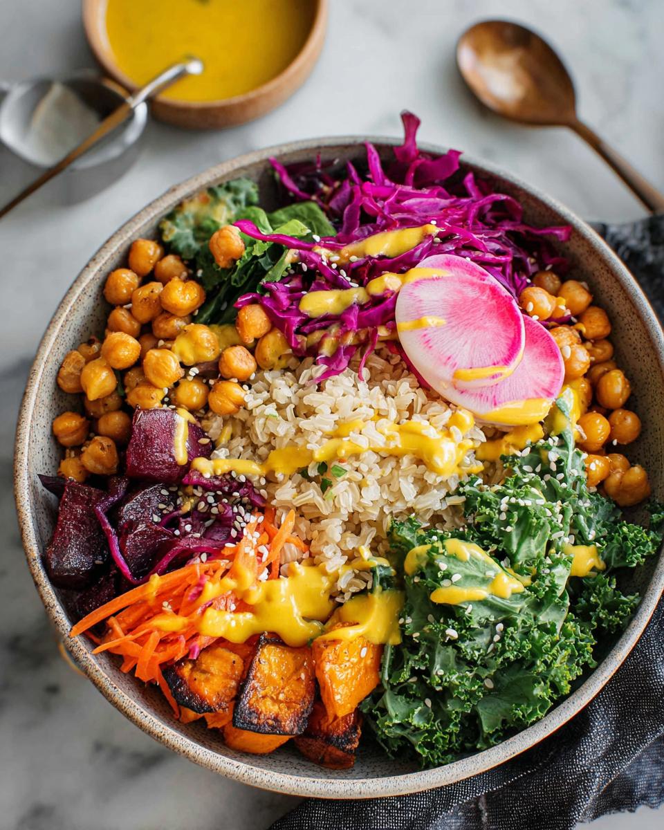A vibrant and healthy rice bowl recipe filled with brown rice, chickpeas, roasted sweet potato, kale, beets, carrots, red cabbage, and radish, drizzled with a yellow dressing.