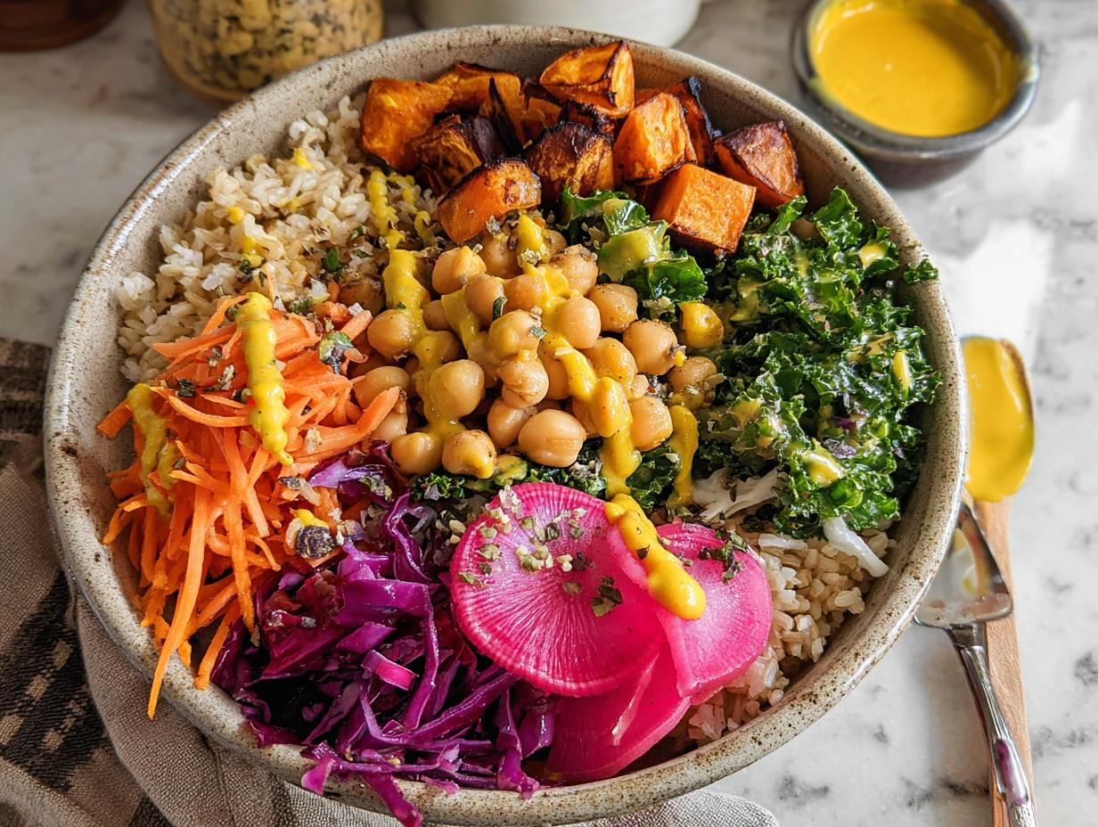 A vibrant rice bowl packed with brown rice, roasted sweet potatoes, chickpeas, shredded carrots, red cabbage, kale, and pickled radishes, drizzled with a yellow dressing.