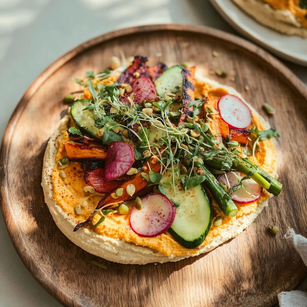 A vibrant and healthy hummus flatbread topped with roasted carrots, zucchini, radishes, and fresh sprouts. An easy dinner idea.