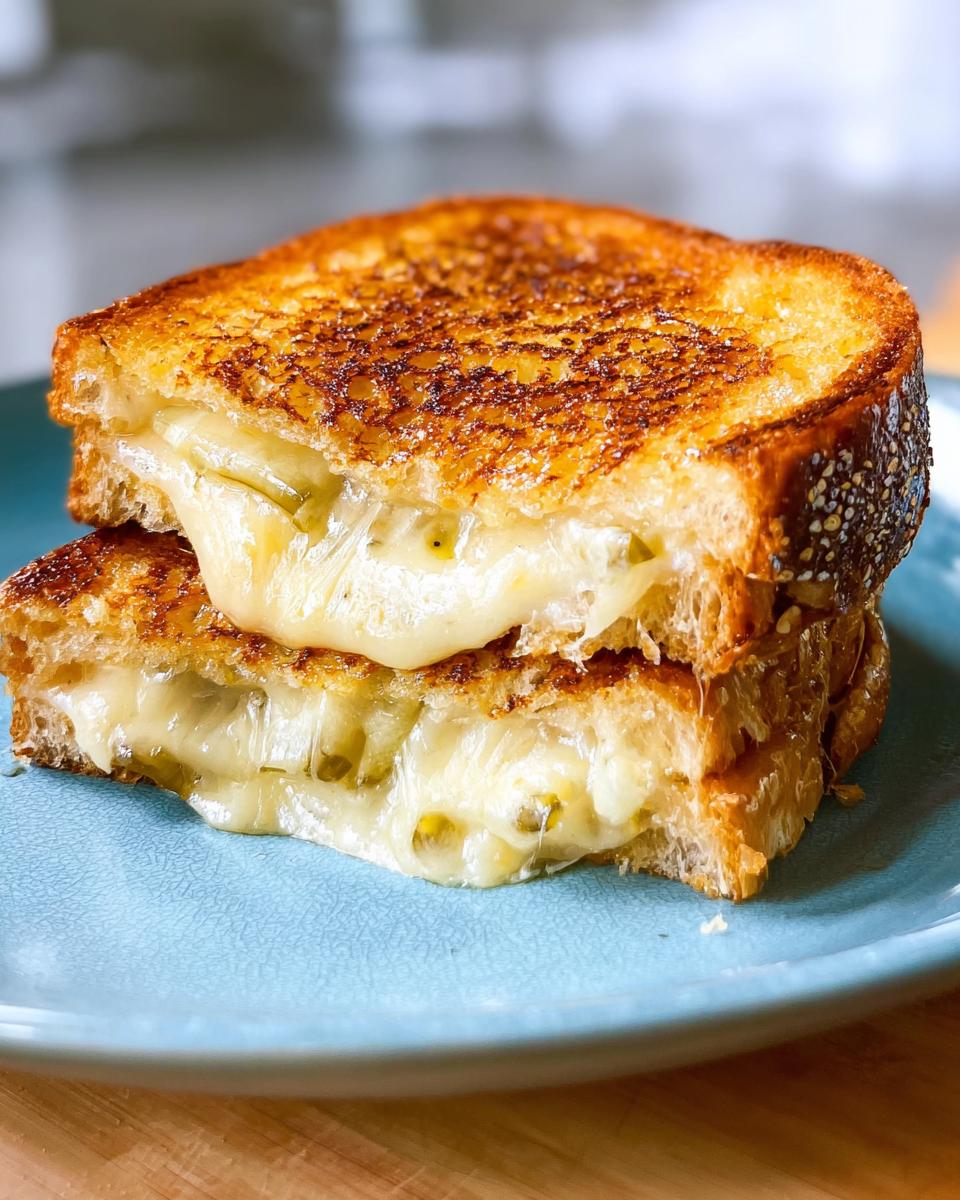 A close-up of a perfectly grilled cheese sandwich, oozing with melted cheese and jalapenos, on a blue plate.