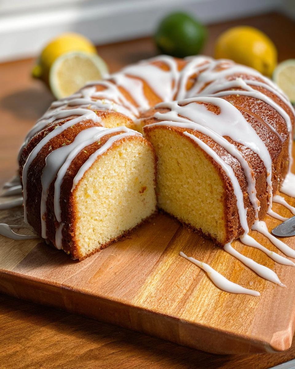 A moist lemon bundt cake with a white glaze drizzle, sliced to show its tender crumb. Perfect for cake ideas recipes.
