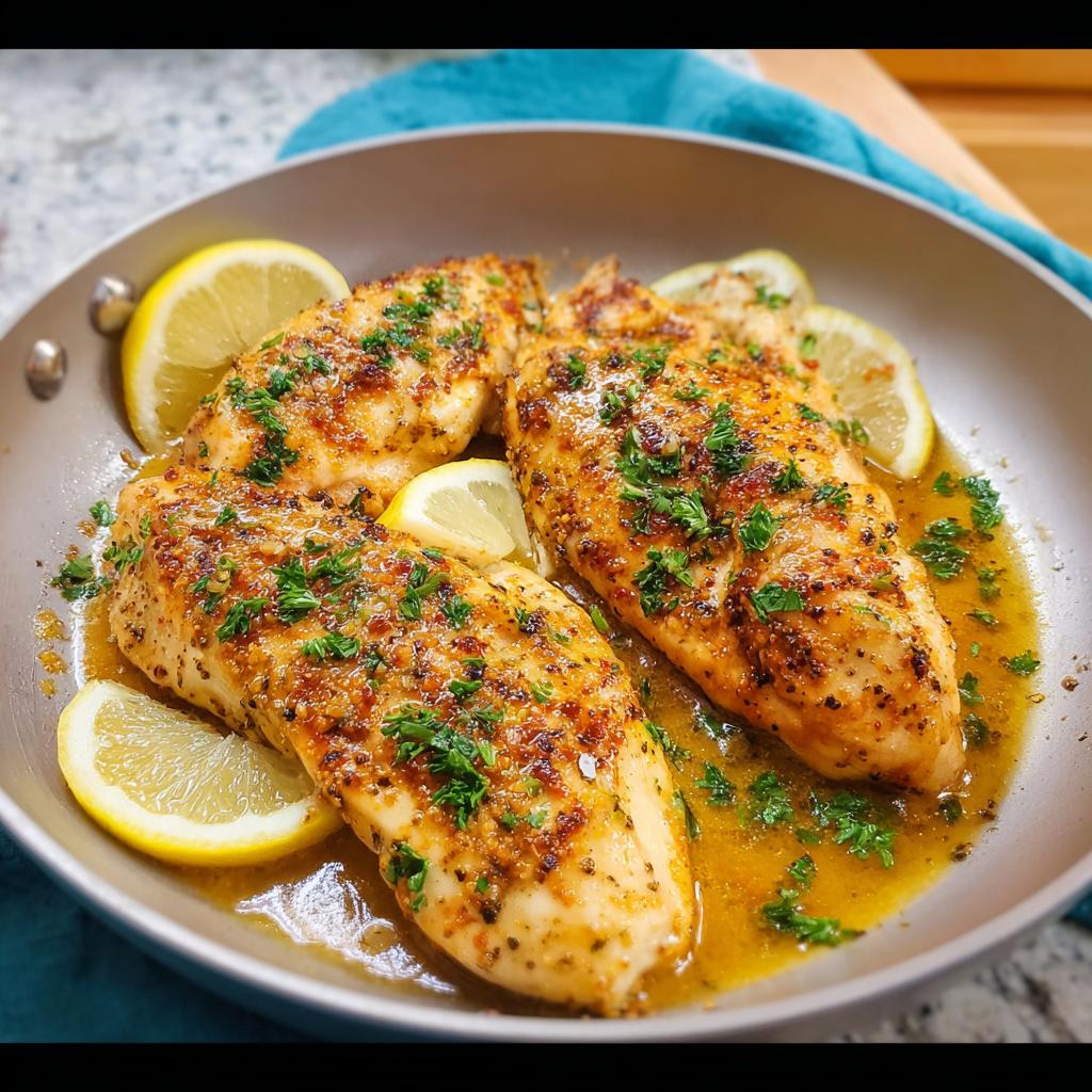 Three pan-seared lemon herb chicken breasts in a skillet with lemon slices and fresh parsley, perfect for busy weeknights.