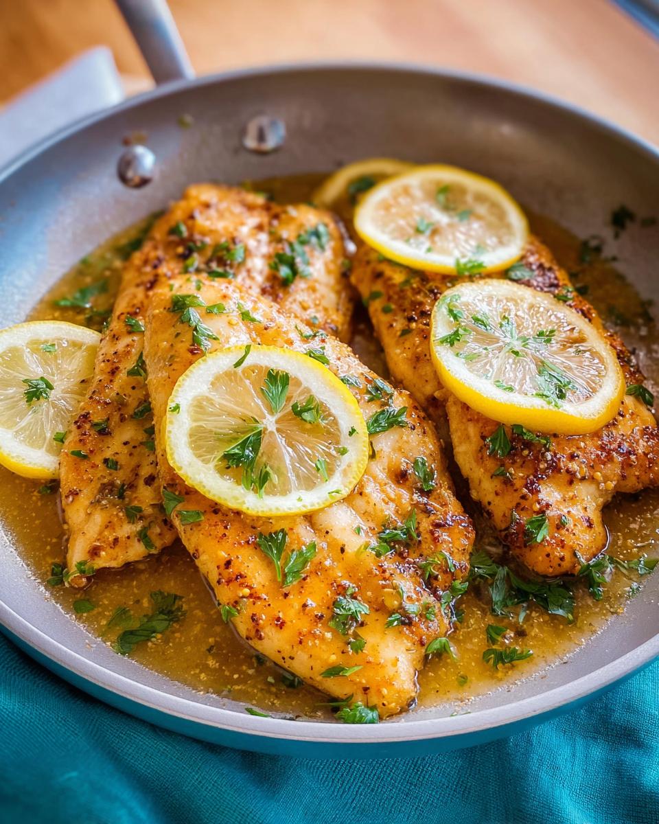 Close-up of pan-seared chicken breasts with lemon slices and fresh parsley, a delicious healthy meal.
