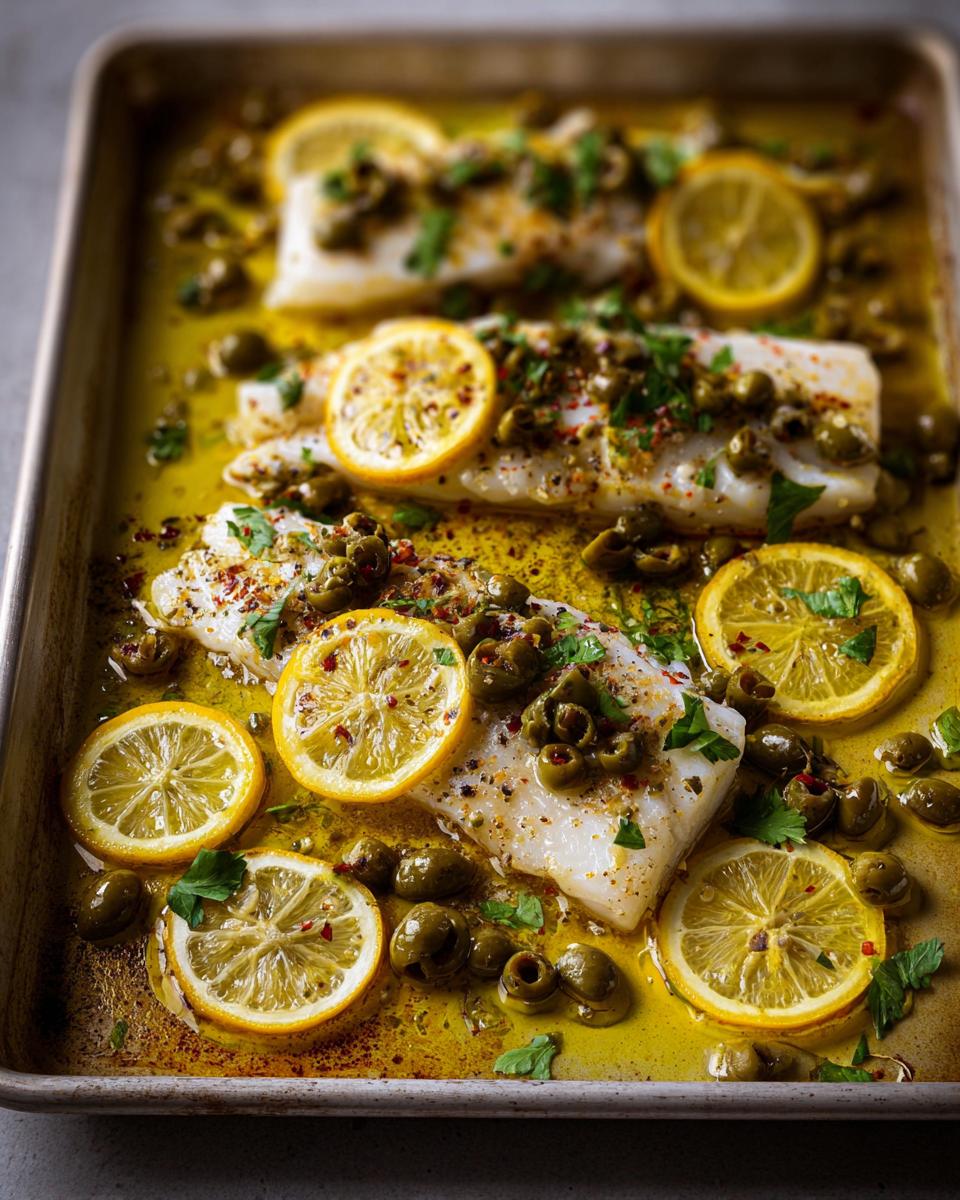 Close-up of baked white fish fillets with lemon slices, olives, capers, and herbs on a baking sheet.