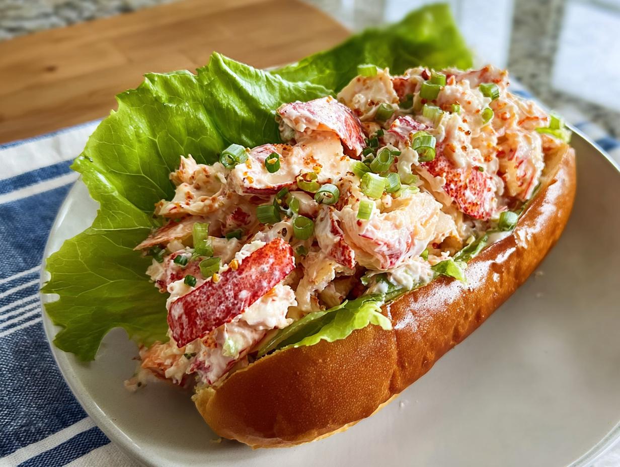 A delicious lobster roll sandwich filled with fresh lobster meat, creamy dressing, and green onions, served on a brioche bun with lettuce.