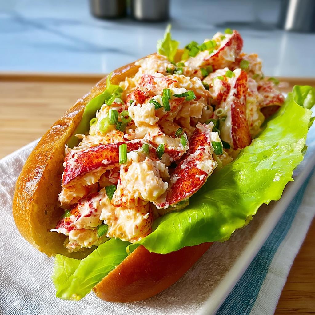 A perfectly assembled lobster roll sandwich, brimming with fresh lobster salad and topped with chives, served on a soft bun with lettuce.