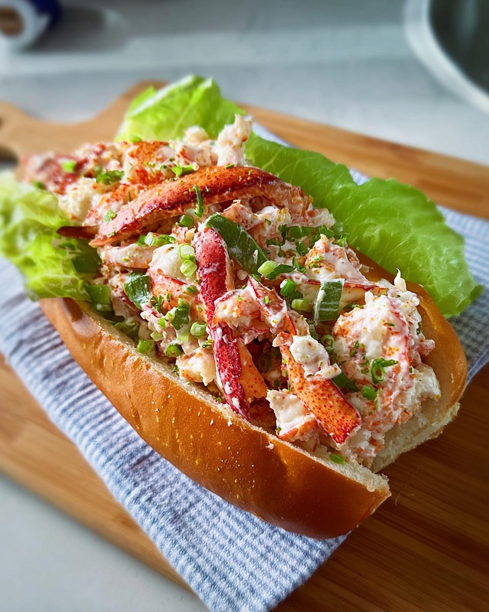 A close-up of a delicious lobster roll sandwich, filled with fresh lobster meat, creamy dressing, and green onions.