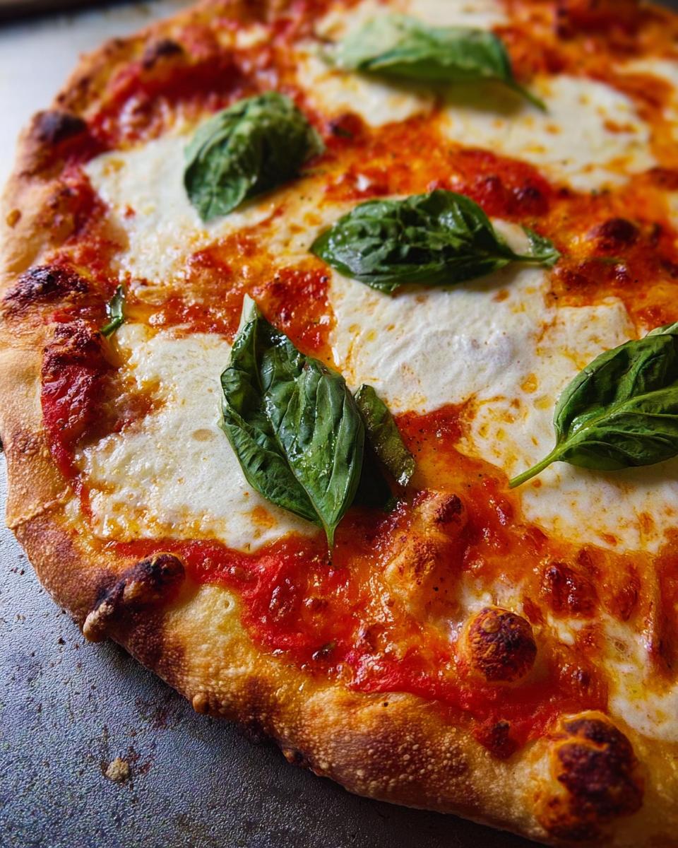 Close-up of a freshly baked Margherita pizza with melted mozzarella, tomato sauce, and fresh basil leaves, perfect for pizza night.