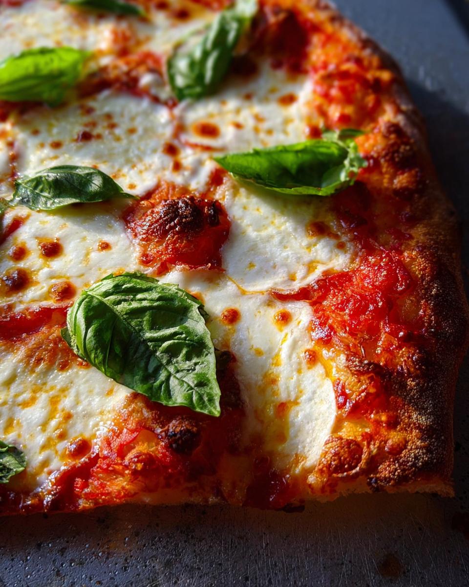 Close-up of a freshly baked Margherita pizza with melted mozzarella, tomato sauce, and basil leaves, perfect for pizza night.