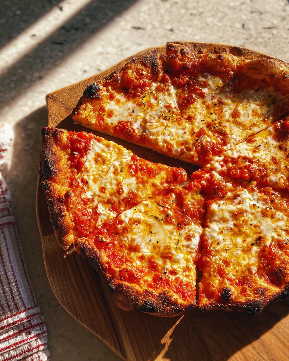 A classic Margherita pizza, sliced and ready for pizza night, with a bubbly cheese and rich tomato sauce.
