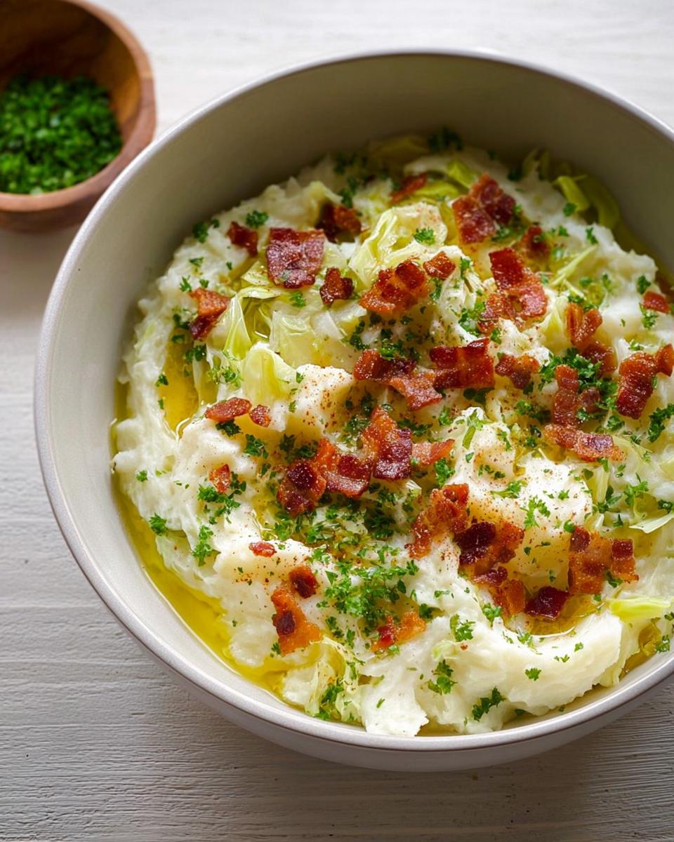 A bowl of creamy mashed potatoes topped with crispy bacon, sautéed cabbage, fresh parsley, and a drizzle of butter. A side of chopped parsley is in a small wooden bowl.