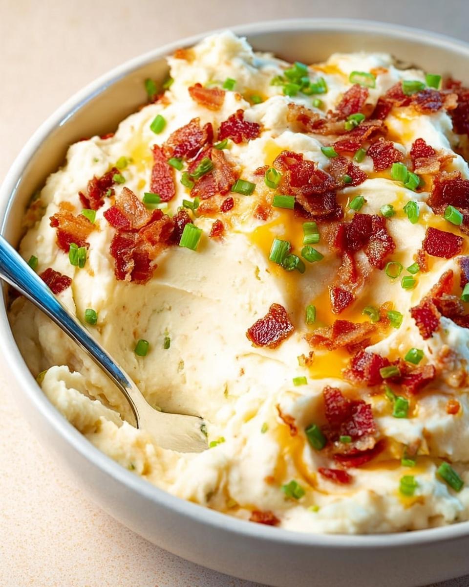 A bowl of creamy mashed potatoes topped with crispy bacon bits and fresh chives, a perfect side dish.