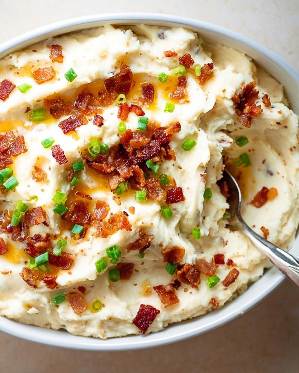 A close-up of creamy mashed potatoes topped with crispy bacon bits and fresh chives.