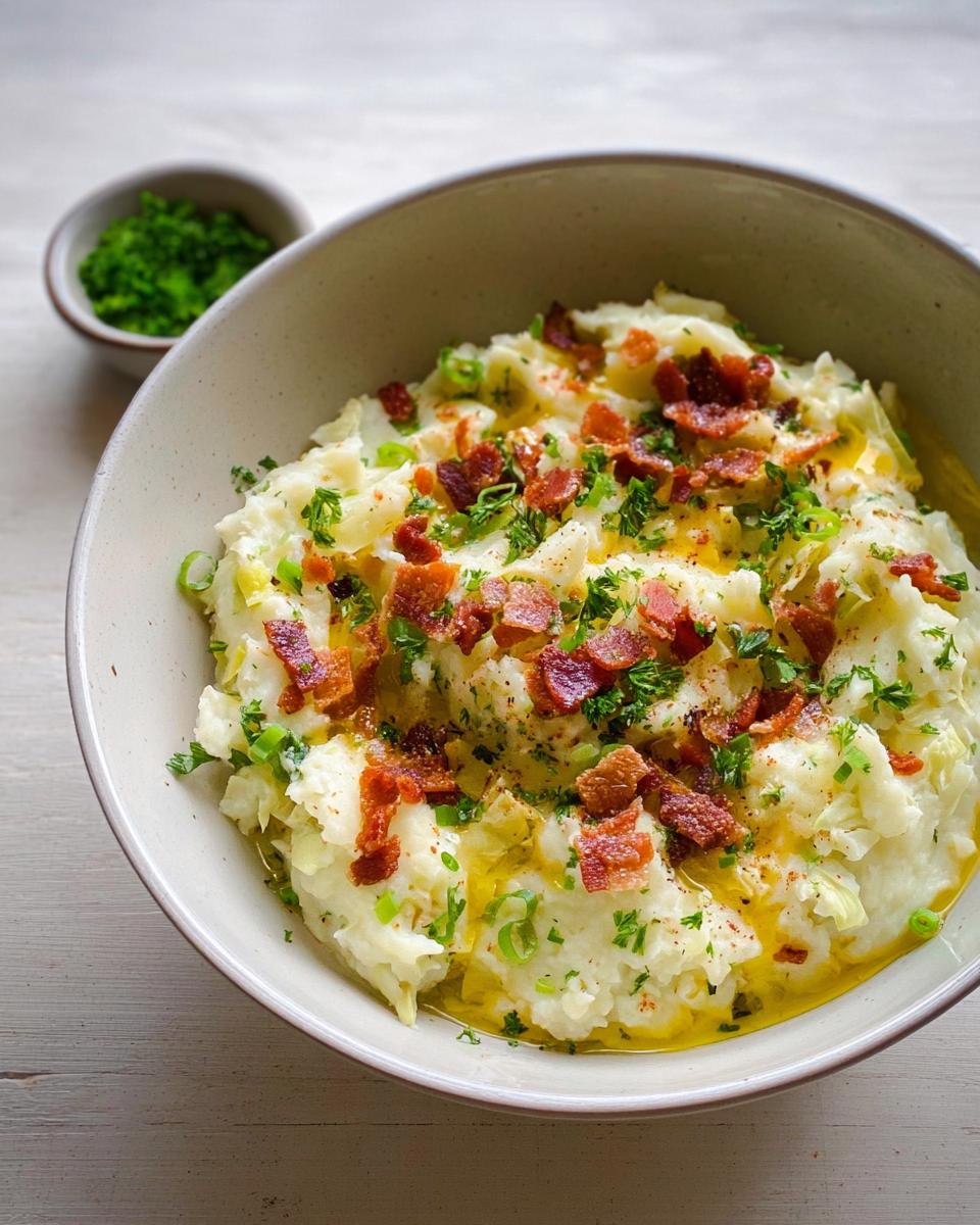 A bowl of creamy mashed potatoes topped with crispy bacon bits, chopped chives, and a drizzle of butter. Part of 10 Genius Mashed Potatoes Recipes Ideas for Busy Weeknights.