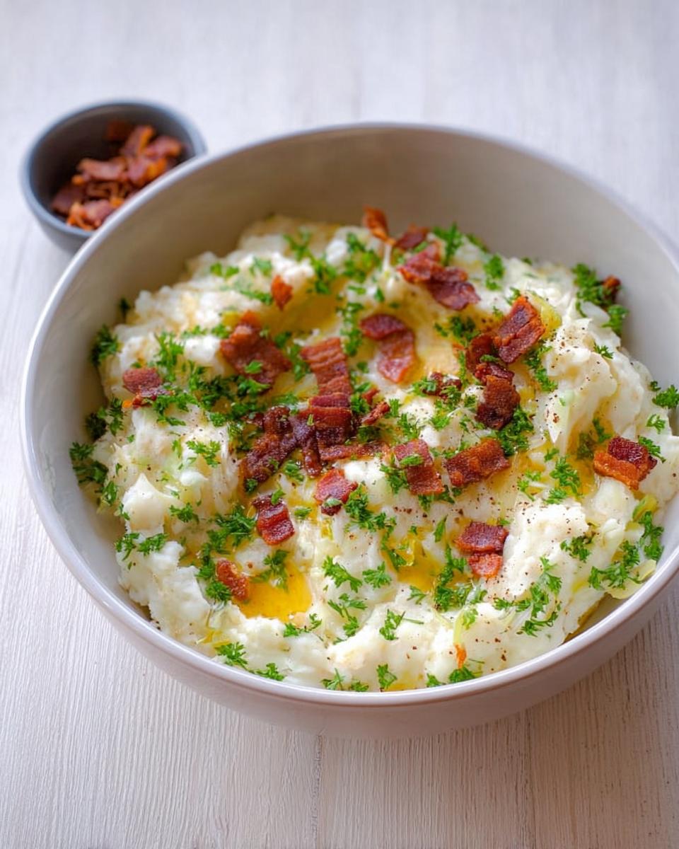 A bowl of creamy mashed potatoes topped with crispy bacon bits and fresh parsley, part of 10 Genius Mashed Potatoes Recipes Ideas for Busy Weeknights.
