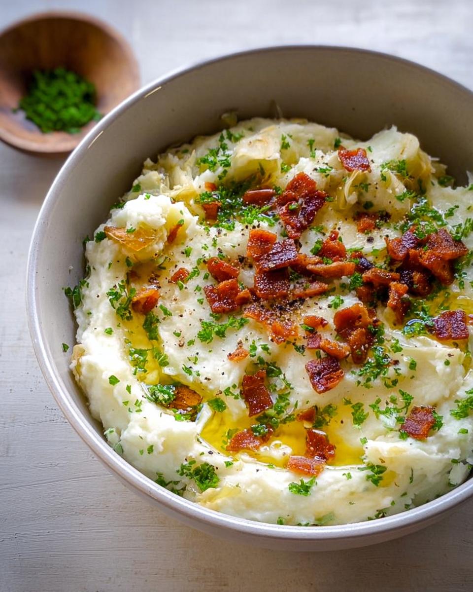A bowl of fluffy mashed potatoes topped with crispy bacon bits, fresh parsley, and a drizzle of olive oil.