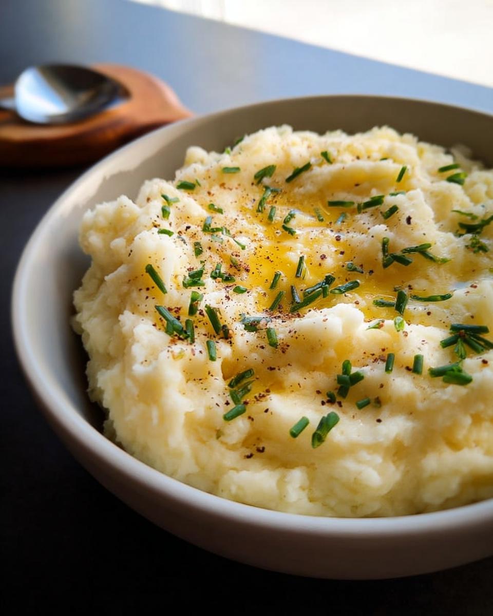 A close-up of fluffy mashed potatoes in a bowl, topped with melted butter, black pepper, and fresh chives.