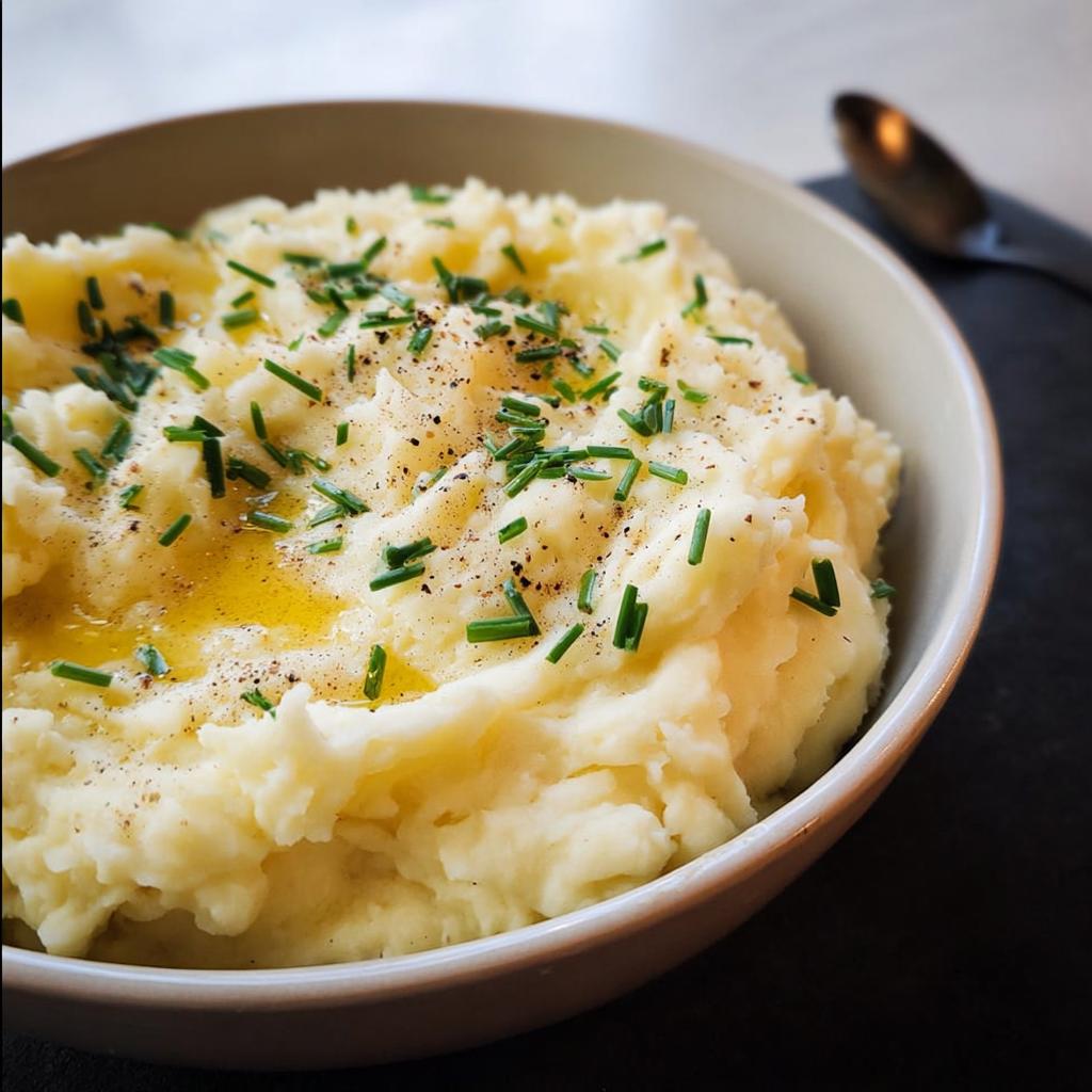 A bowl of fluffy mashed potatoes topped with melted butter, fresh chives, and cracked black pepper.