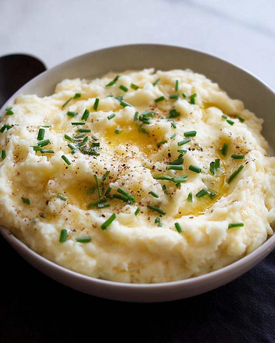 A close-up of fluffy mashed potatoes topped with melted butter, chives, and black pepper.
