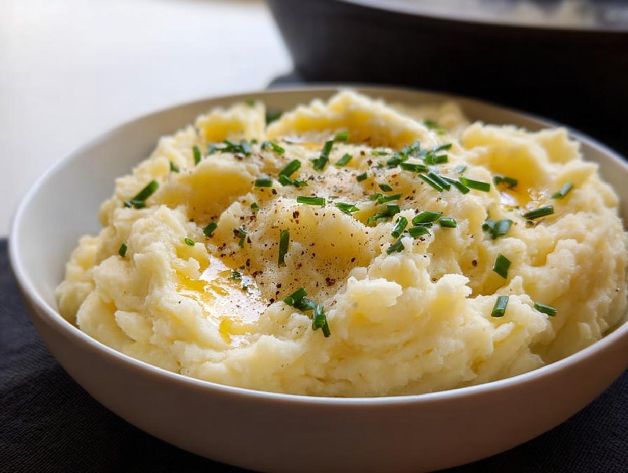 A bowl of fluffy mashed potatoes topped with melted butter, black pepper, and fresh chives.