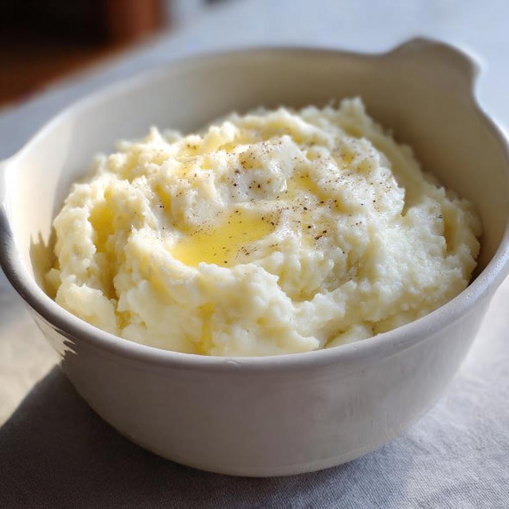 A bowl of creamy mashed potatoes topped with melted butter and black pepper, perfect for meal prep.