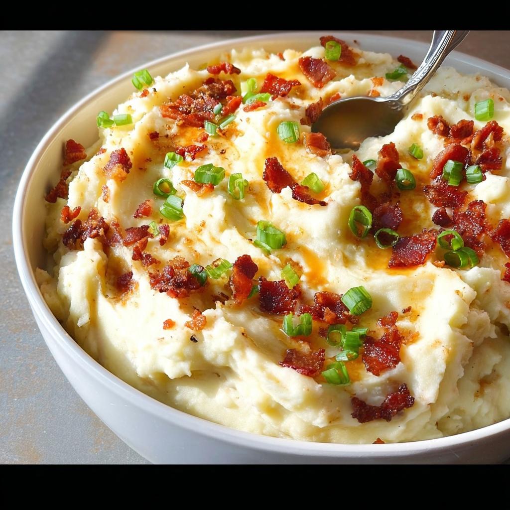 A close-up of creamy mashed potatoes topped with crispy bacon bits and fresh green onions.