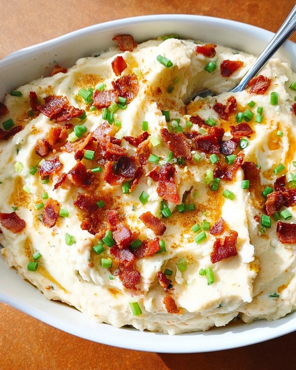 Close-up of creamy mashed potatoes recipe topped with crispy bacon bits and chopped chives.