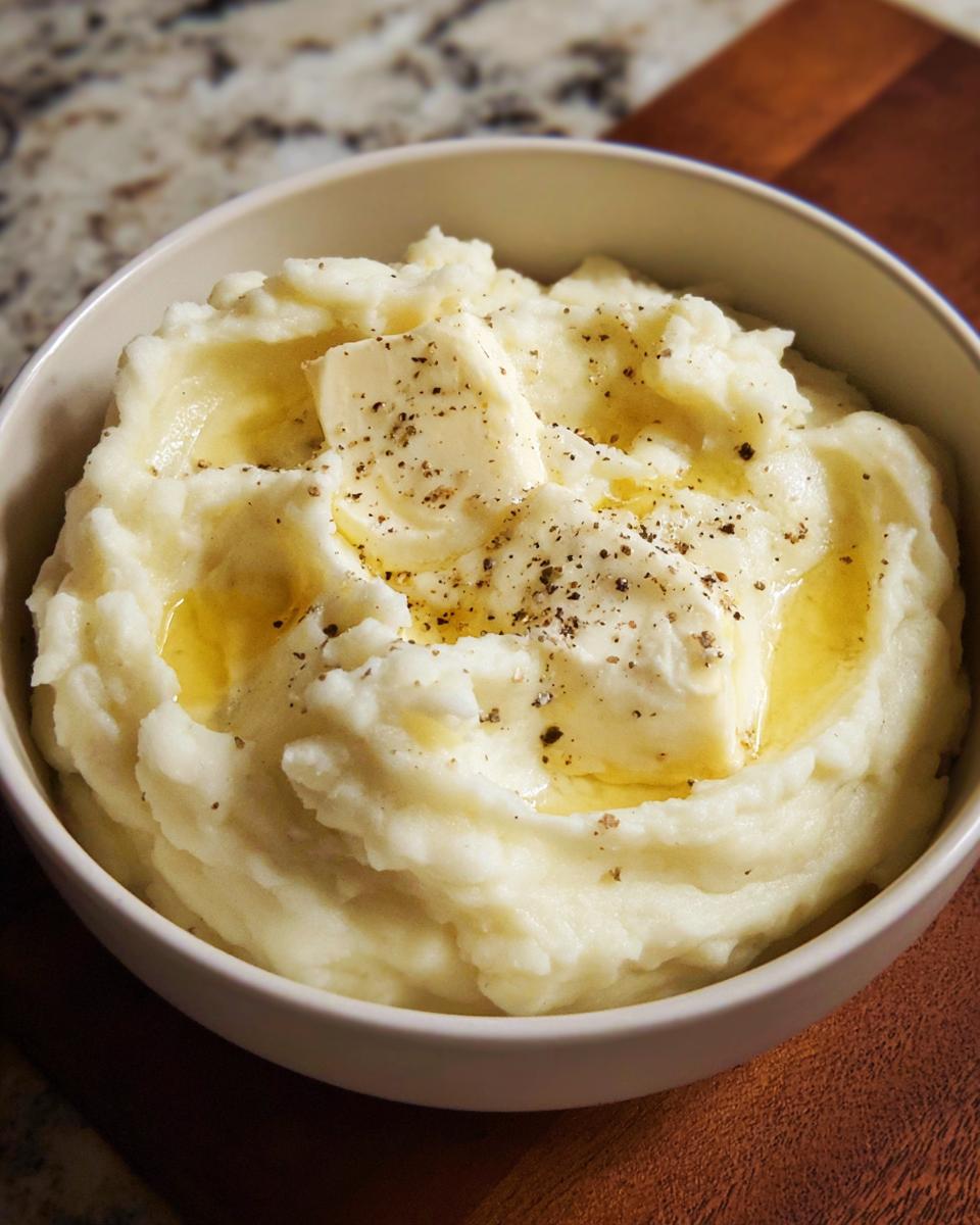A close-up of a bowl of creamy mashed potatoes topped with melting butter and cracked black pepper.
