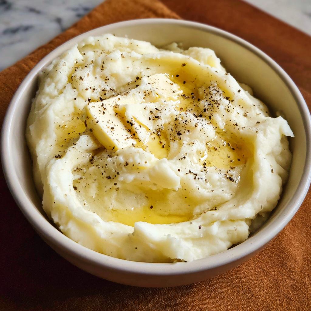 Close-up of creamy mashed potatoes recipe topped with butter and cracked black pepper.